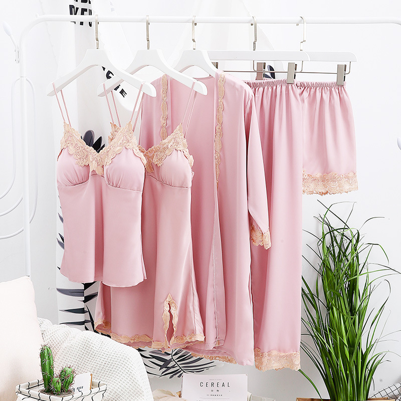 Pajamski set Ice Silk, pet dijelova, dugi rukavi, bez ovratnika, seksi stil