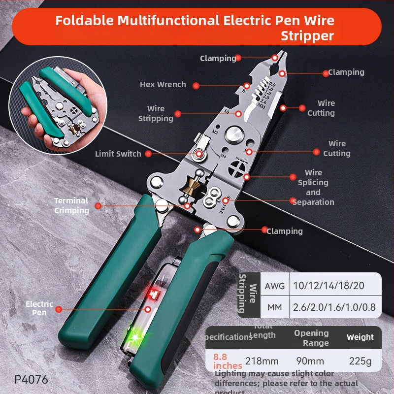 Skladané kliešte na odizolovanie káblov s detekciou živého vodiča pre elektrikárov (Značka: Enjoy; Hmotnosť: 0.20; Typ: kliešte na odizolovanie káblov; Vlastnosti: Skladané, Detekcia živého vodiča)