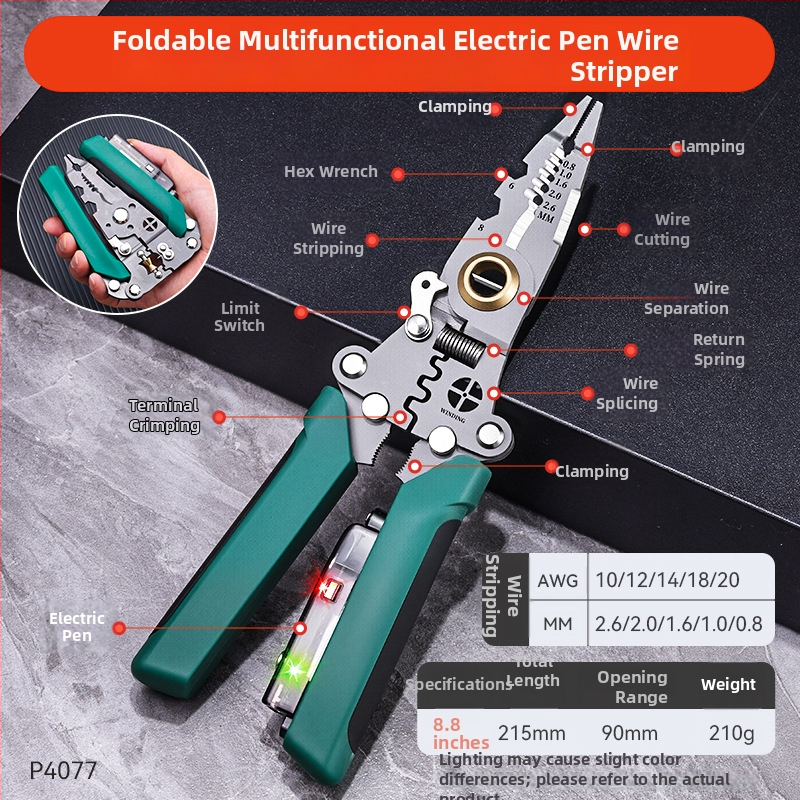 Skladané kliešte na odizolovanie káblov s detekciou živého vodiča pre elektrikárov (Značka: Enjoy; Hmotnosť: 0.20; Typ: kliešte na odizolovanie káblov; Vlastnosti: Skladané, Detekcia živého vodiča)