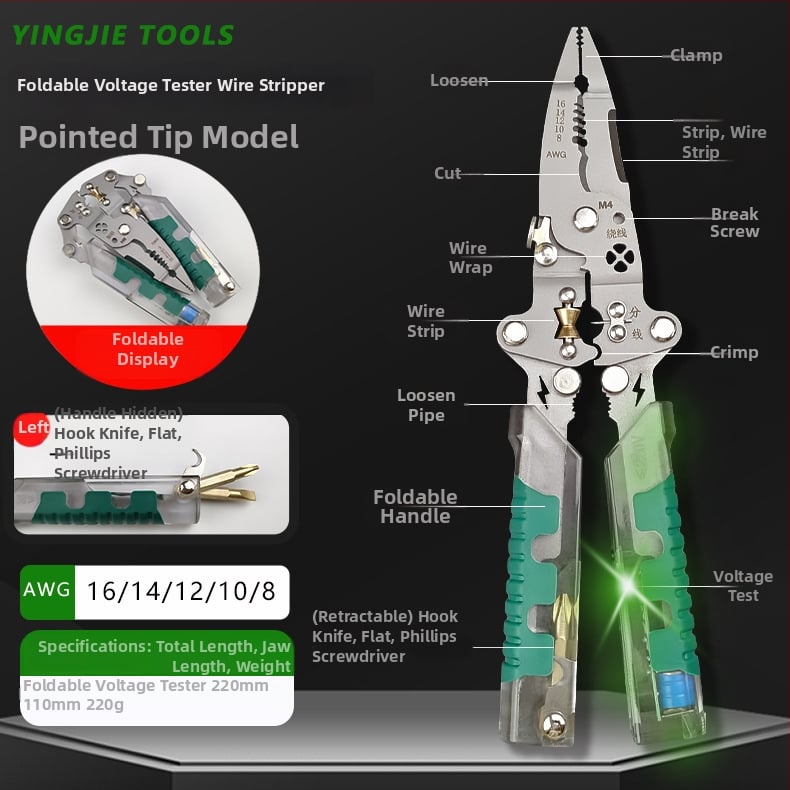 Hero skladací elektrický skrutkovač a kliešte na odizolovanie káblov, špičatý hrot, hmotnosť 220 g, skladacie elektrické testovacie kliešte