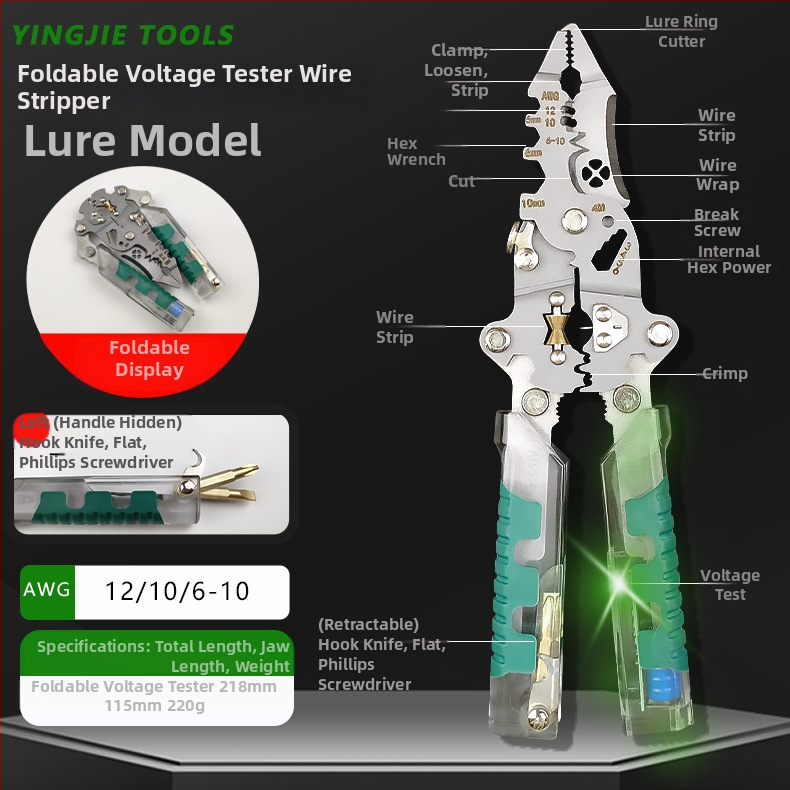 Hero skladací elektrický skrutkovač a kliešte na odizolovanie káblov, špičatý hrot, hmotnosť 220 g, skladacie elektrické testovacie kliešte