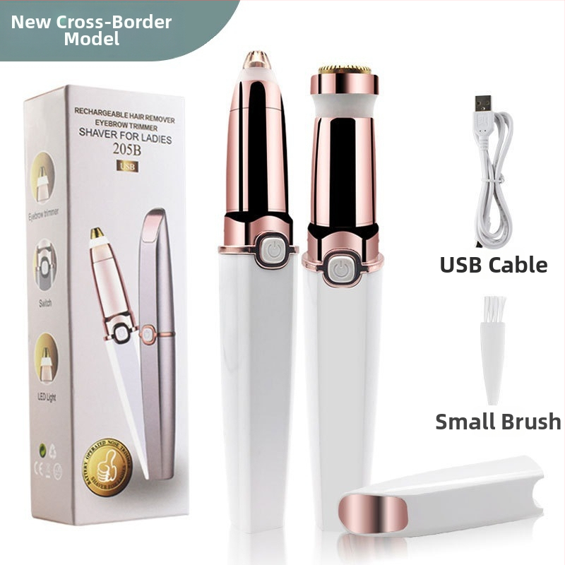 Elektrický holiaci strojček a odstraňovač chĺpkov, 2 v 1, mini depilátor na tvár s trimmerom obočia, model BZ-205B, USB napájanie, ABS telo, vhodné pre mokré aj suché použitie.