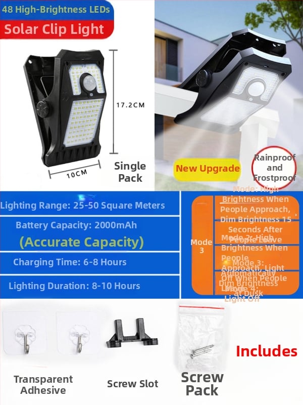 Solarna vanjska zidna svjetiljka s senzorom pokreta — model JZ-12; solarna energija; IP66 zaštita; 1W snaga