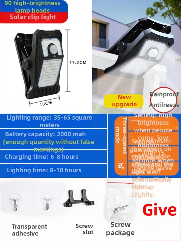 Solarna vanjska zidna svjetiljka s senzorom pokreta — model JZ-12; solarna energija; IP66 zaštita; 1W snaga