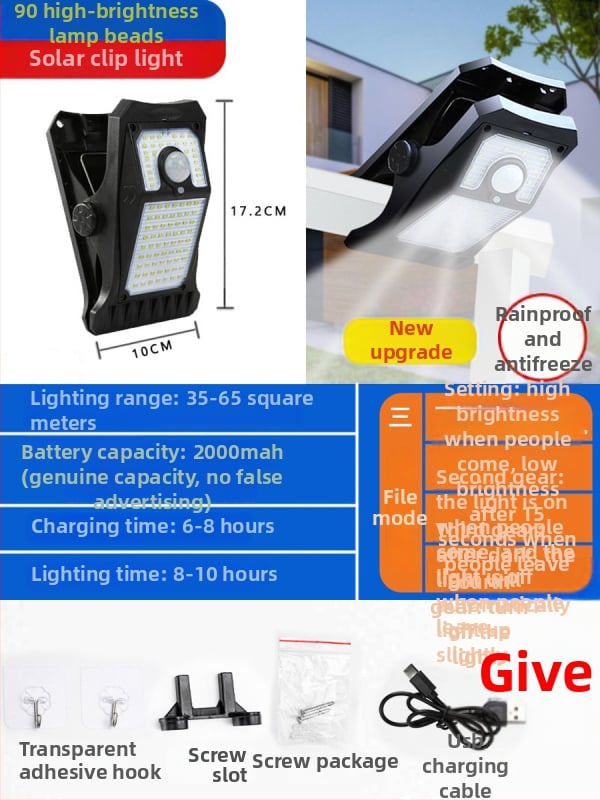 Solarna vanjska zidna svjetiljka s senzorom pokreta — model JZ-12; solarna energija; IP66 zaštita; 1W snaga