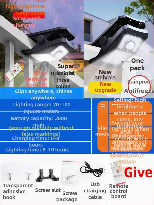Solarna vanjska zidna svjetiljka s senzorom pokreta — model JZ-12; solarna energija; IP66 zaštita; 1W snaga