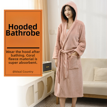 Prúžkovaný župan s kapucňou z korálového velúru, 85% polyester, unisex, zima, pre dvojicu