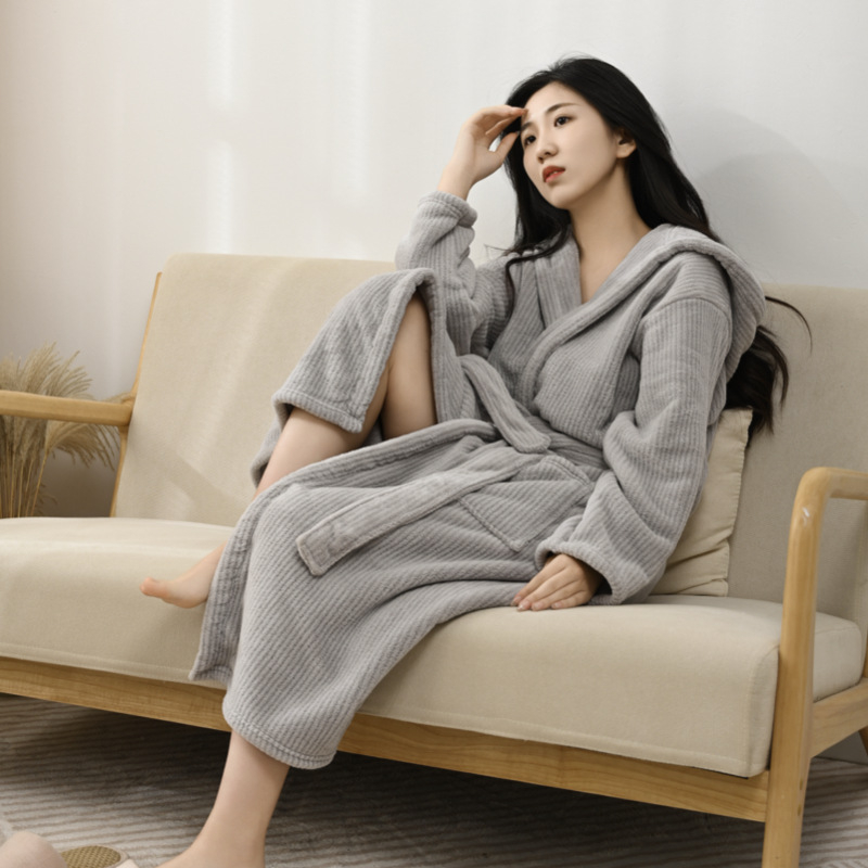 Csíkos kapucnis fürdőköpeny korall velúrból, 85% poliészter, uniszex, téli, pár számára