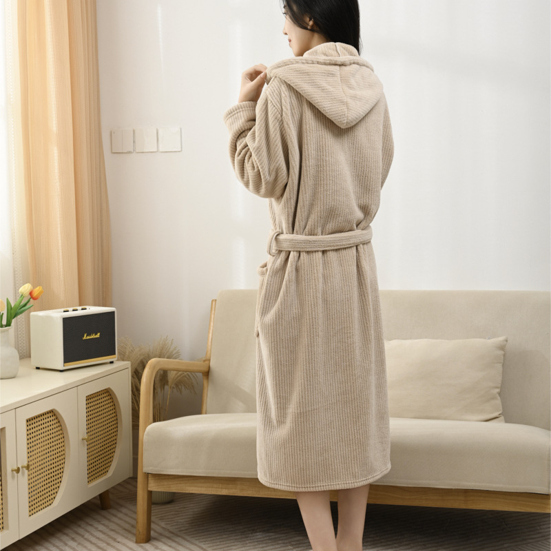 Csíkos kapucnis fürdőköpeny korall velúrból, 85% poliészter, uniszex, téli, pár számára