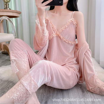 Set pidžama od baršuna s čipkastim cami, seksi stil, V izrez, rukav 3/4, duge hlače, kućna uporaba