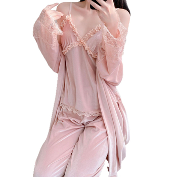 Set pidžama od baršuna s čipkastim cami, seksi stil, V izrez, rukav 3/4, duge hlače, kućna uporaba