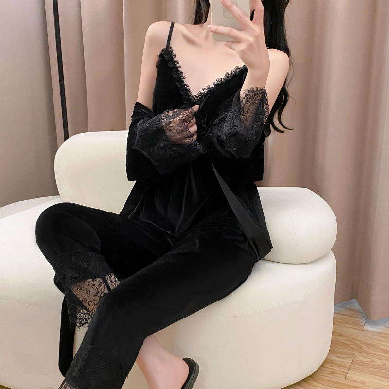 Set pidžama od baršuna s čipkastim cami, seksi stil, V izrez, rukav 3/4, duge hlače, kućna uporaba