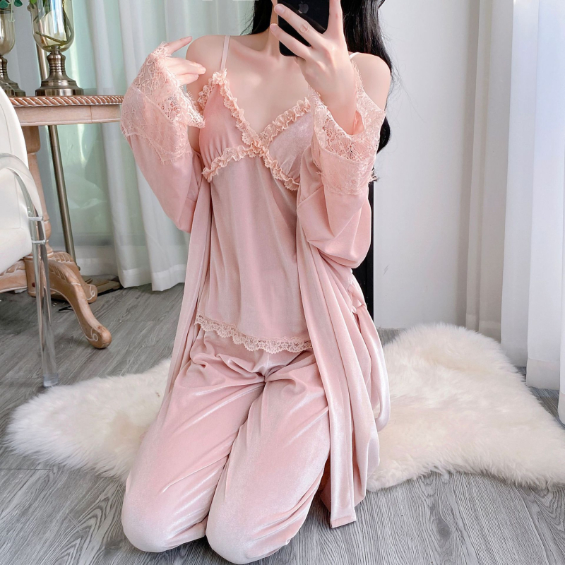 Set pidžama od baršuna s čipkastim cami, seksi stil, V izrez, rukav 3/4, duge hlače, kućna uporaba