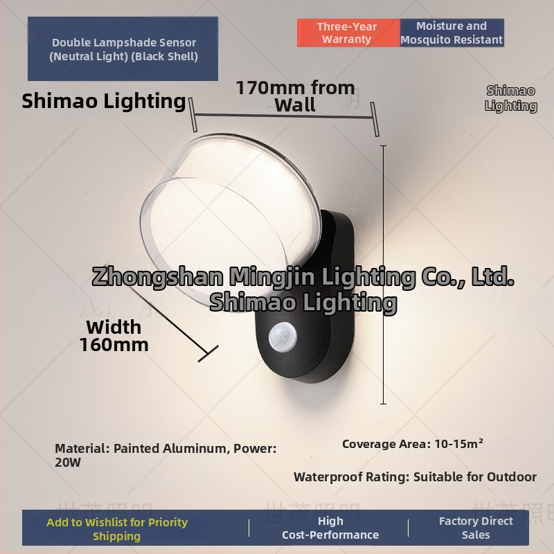 LED vonkajšia stenová lampa so senzorom, vodotesná, hliníkové puzdro (220V, 120 lm, 3000K, 60°, IP54)