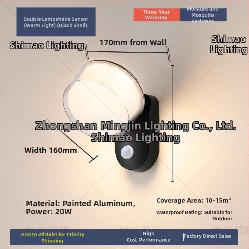LED vonkajšia stenová lampa so senzorom, vodotesná, hliníkové puzdro (220V, 120 lm, 3000K, 60°, IP54)
