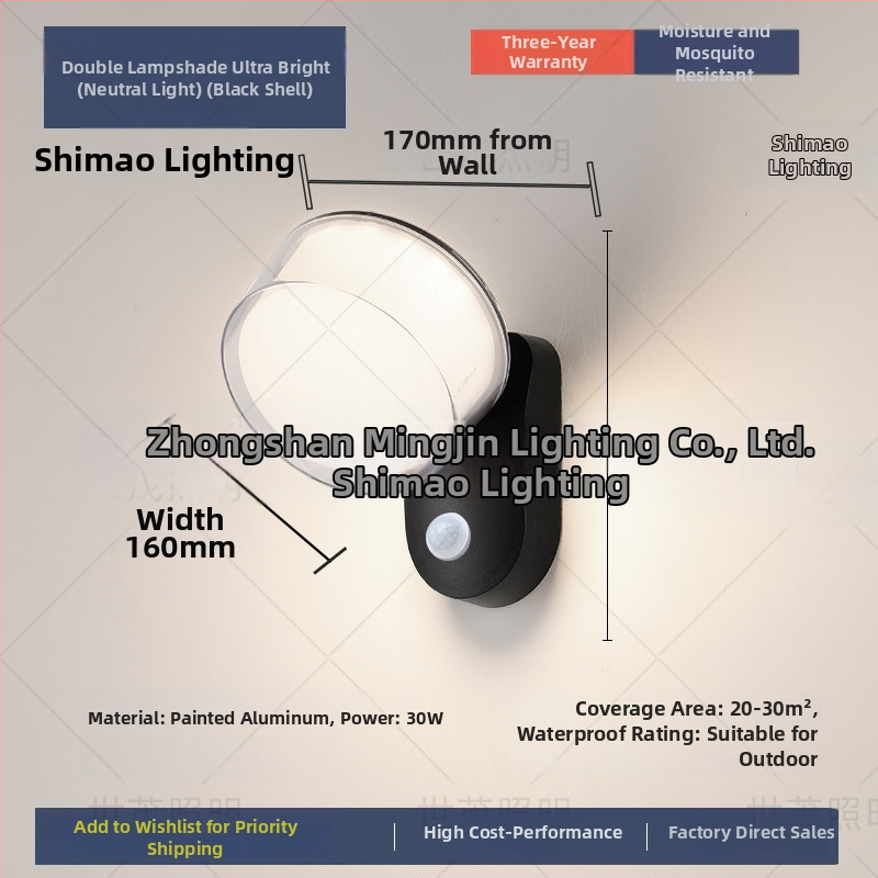 LED vonkajšia stenová lampa so senzorom, vodotesná, hliníkové puzdro (220V, 120 lm, 3000K, 60°, IP54)