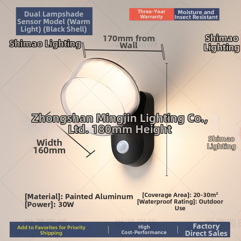 LED vonkajšia stenová lampa so senzorom, vodotesná, hliníkové puzdro (220V, 120 lm, 3000K, 60°, IP54)