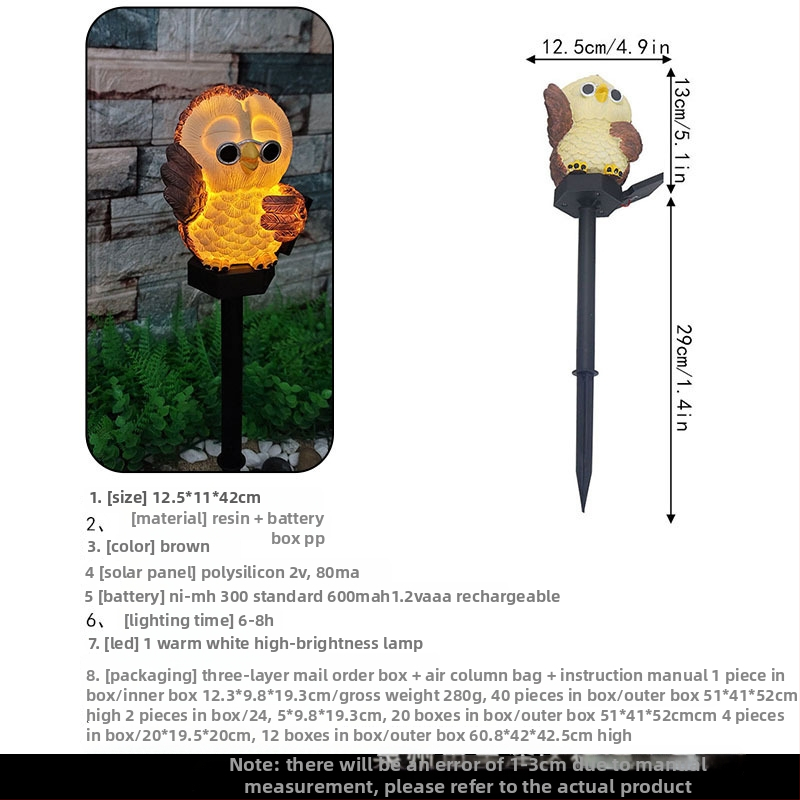 Solarna lampica za travnjak u obliku sove – zemna ugrađena, smola, IP44, 0,1 W, 6–12 sati rada