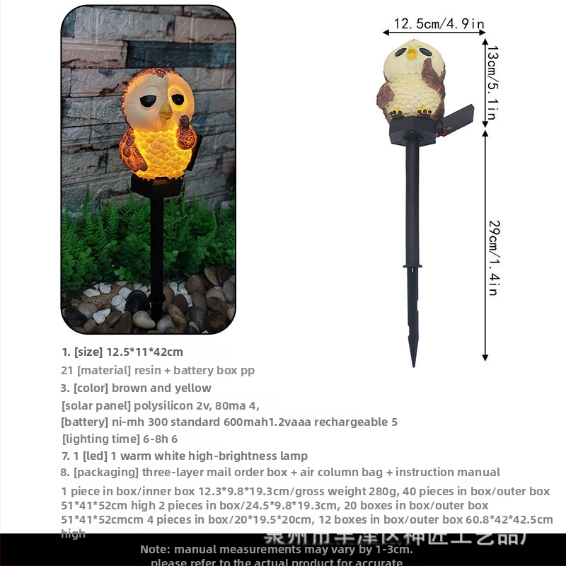 Solarna lampica za travnjak u obliku sove – zemna ugrađena, smola, IP44, 0,1 W, 6–12 sati rada