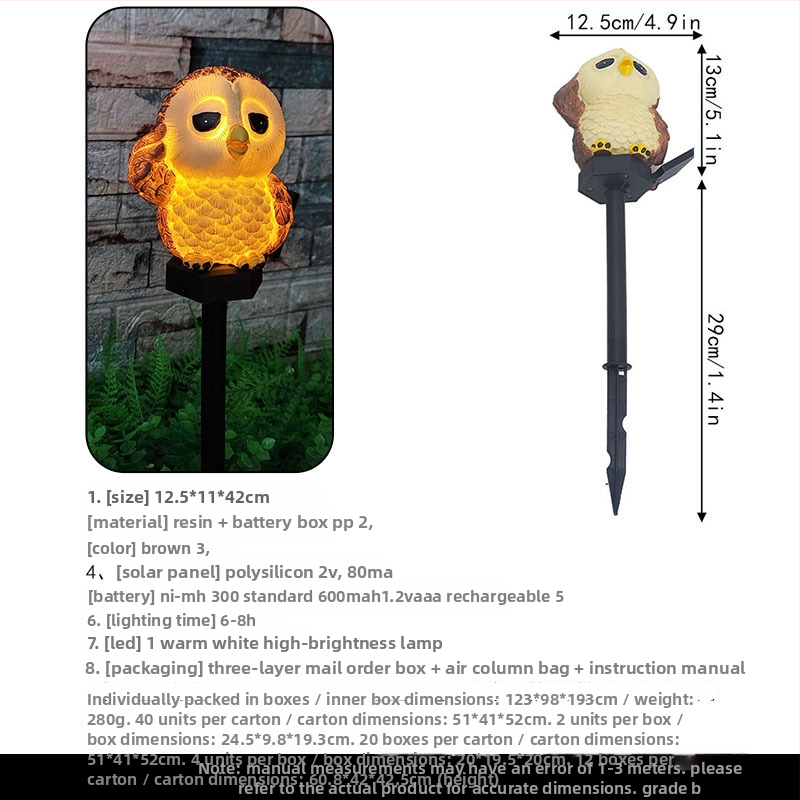 Solarna lampica za travnjak u obliku sove – zemna ugrađena, smola, IP44, 0,1 W, 6–12 sati rada
