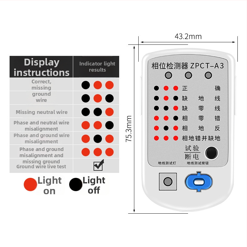 Aljzat detektáló készülék fázis- és áramdetektorral, elektromos tesztes aljzat, 10A–16A, általános célú