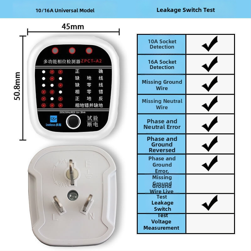 Aljzat detektáló készülék fázis- és áramdetektorral, elektromos tesztes aljzat, 10A–16A, általános célú