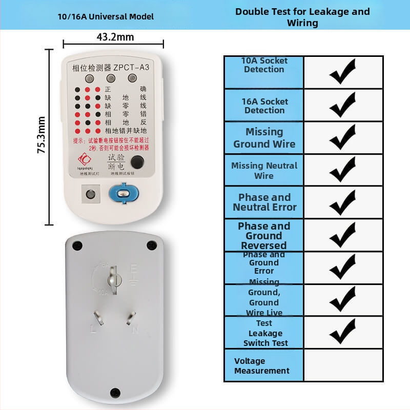 Aljzat detektáló készülék fázis- és áramdetektorral, elektromos tesztes aljzat, 10A–16A, általános célú