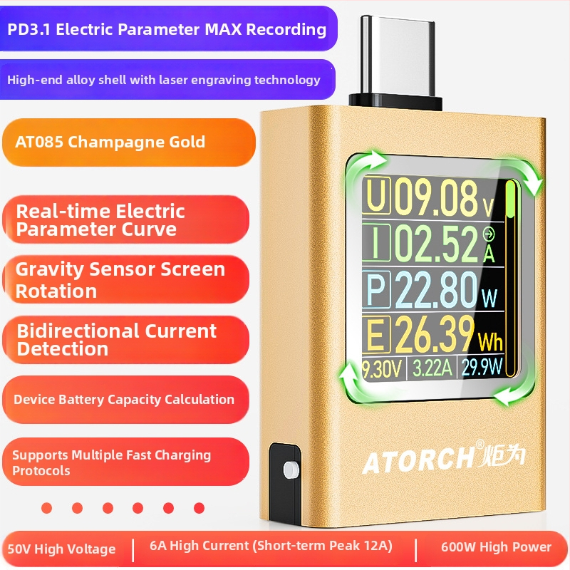 Type-C interfész, többfunkciós teljesítménymérő, tartomány 50V/12A, DC áram és feszültség mérése