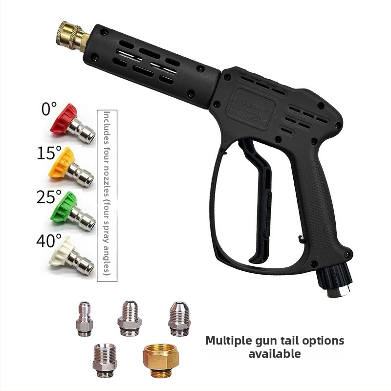 Vysokotlaká pištoľ na umývanie auta – plastové telo; meďový konektor; zliatinová dýza; držadlo pre prst; spôsob rozstreku: ventilátorová alebo vodný stĺpec