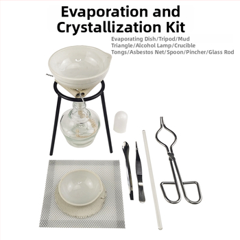 Laboratóriumi felszereléskészlet vas keretes állvánnyal, pároló edény, alkohol lámpa, mérleg, szűrőpapír