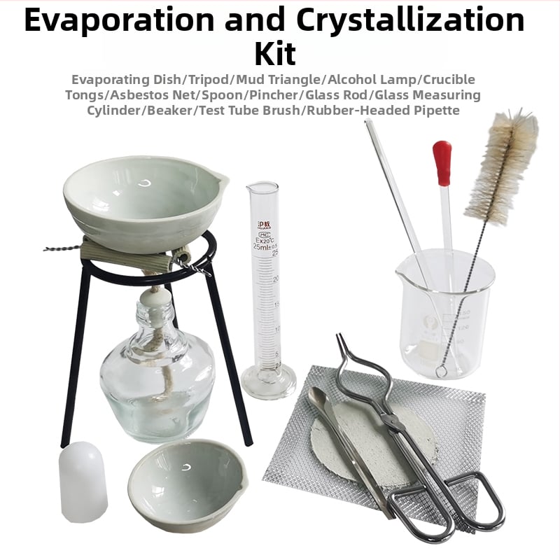 Laboratóriumi felszereléskészlet vas keretes állvánnyal, pároló edény, alkohol lámpa, mérleg, szűrőpapír