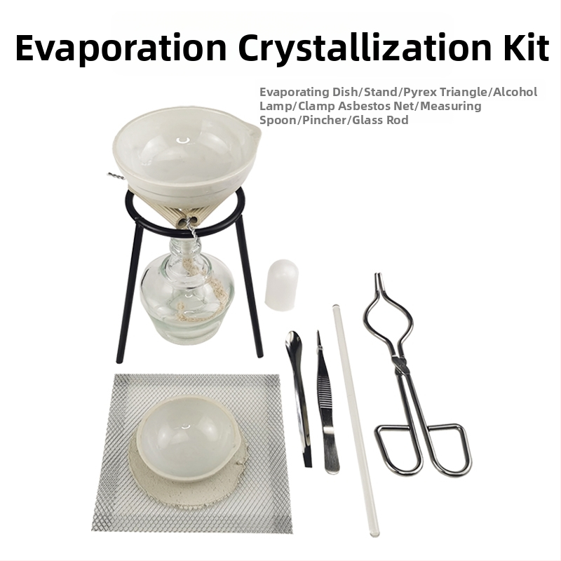 Laboratóriumi felszereléskészlet vas keretes állvánnyal, pároló edény, alkohol lámpa, mérleg, szűrőpapír