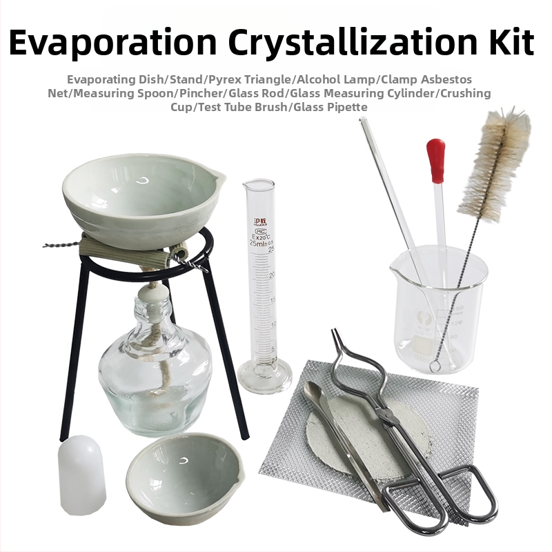 Laboratóriumi felszereléskészlet vas keretes állvánnyal, pároló edény, alkohol lámpa, mérleg, szűrőpapír