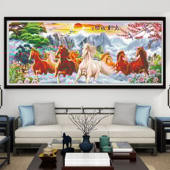 Комплект за кръстосано бродиране с предварително сортирани конци – платно 9 каунт, пластмасова плоча, пейзаж с осем коня, самостоятелно бродиране за дневна, модел 2025