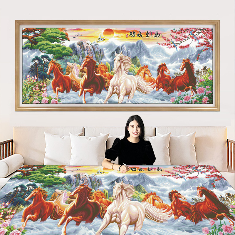 Комплект за кръстосано бродиране с предварително сортирани конци – платно 9 каунт, пластмасова плоча, пейзаж с осем коня, самостоятелно бродиране за дневна, модел 2025