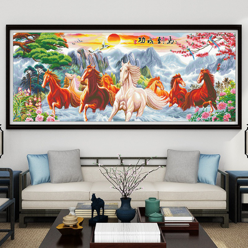 Комплект за кръстосано бродиране с предварително сортирани конци – платно 9 каунт, пластмасова плоча, пейзаж с осем коня, самостоятелно бродиране за дневна, модел 2025