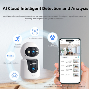 Cameră inteligentă pentru interior cu acoperire de 360°, viziune de noapte, microfon încorporat, control prin aplicația mobilă și alerte de alarmă