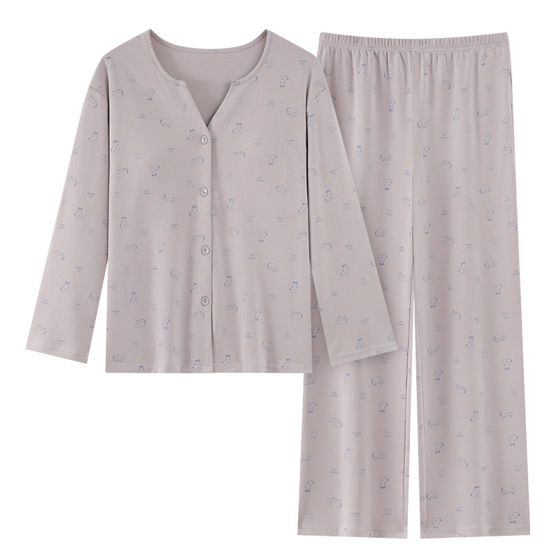 Ženske pidžame s umetkom za prsni dio, lagano imitativno pamukovo tkivo (95–100% pamuka), V-izrez, dugi rukavi i hlače, slatko i udobno kućno odijevanje