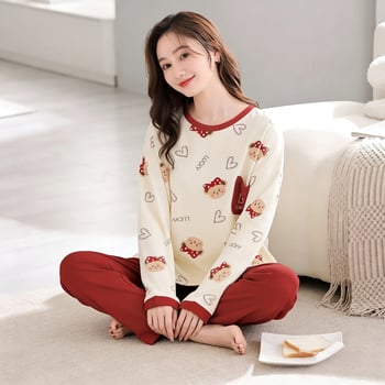 Ženski set pidžame od elastičnog pamuka – sladak crtani dizajn, kapuljača, dugi rukavi, dugi hlače, okrugli izrez, pogodan za proljeće i jesen, za vanjsku i kućnu upotrebu