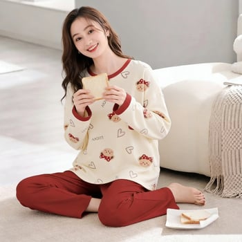Ženski set pidžame od elastičnog pamuka – sladak crtani dizajn, kapuljača, dugi rukavi, dugi hlače, okrugli izrez, pogodan za proljeće i jesen, za vanjsku i kućnu upotrebu