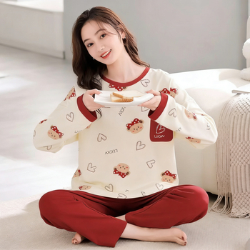 Ženski set pidžame od elastičnog pamuka – sladak crtani dizajn, kapuljača, dugi rukavi, dugi hlače, okrugli izrez, pogodan za proljeće i jesen, za vanjsku i kućnu upotrebu