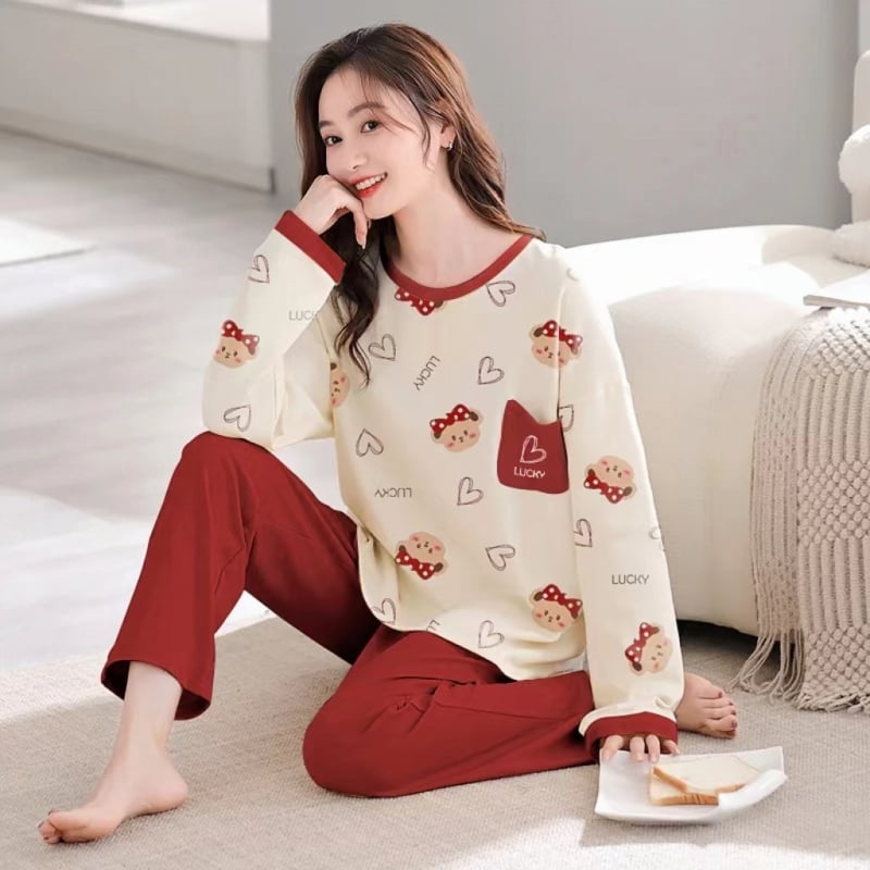 Ženski set pidžame od elastičnog pamuka – sladak crtani dizajn, kapuljača, dugi rukavi, dugi hlače, okrugli izrez, pogodan za proljeće i jesen, za vanjsku i kućnu upotrebu