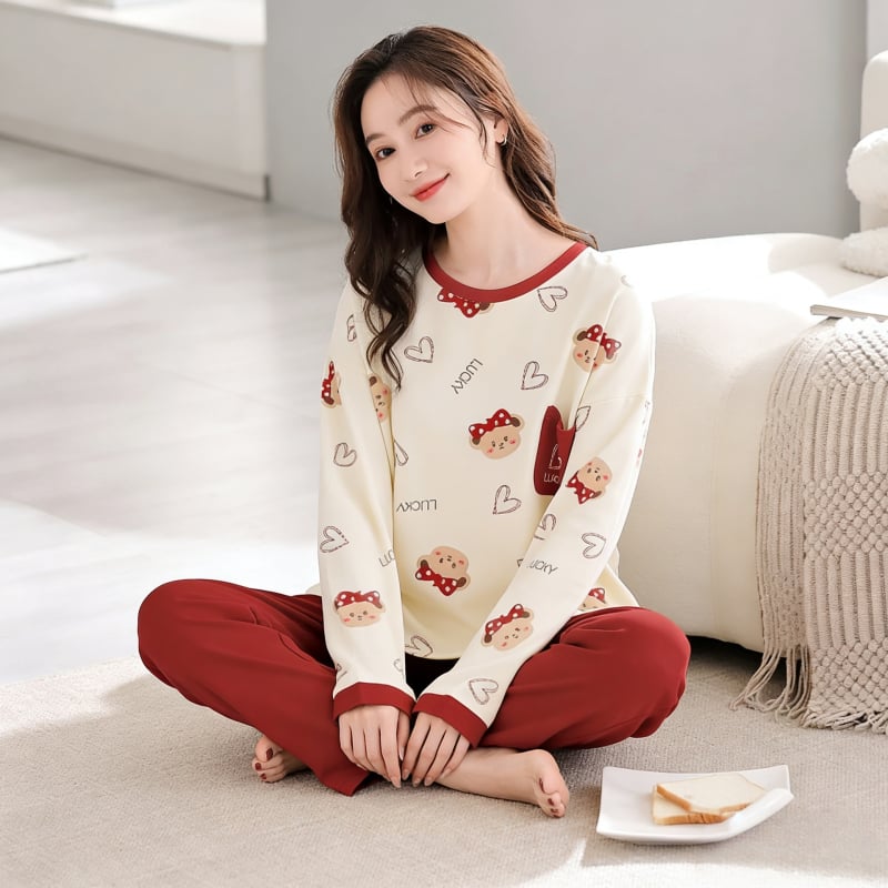 Ženski set pidžame od elastičnog pamuka – sladak crtani dizajn, kapuljača, dugi rukavi, dugi hlače, okrugli izrez, pogodan za proljeće i jesen, za vanjsku i kućnu upotrebu