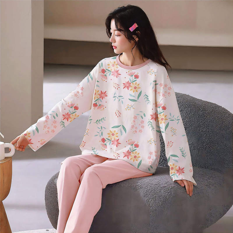 Ženski set pidžame od elastičnog pamuka – sladak crtani dizajn, kapuljača, dugi rukavi, dugi hlače, okrugli izrez, pogodan za proljeće i jesen, za vanjsku i kućnu upotrebu