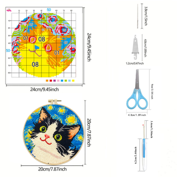 Комплект за кръстосано бродиране: нощно котенце в карикатурен стил, памучен плат 11-count, модерен прост дизайн, DIY бродиране