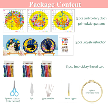 Комплект за кръстосано бродиране: нощно котенце в карикатурен стил, памучен плат 11-count, модерен прост дизайн, DIY бродиране