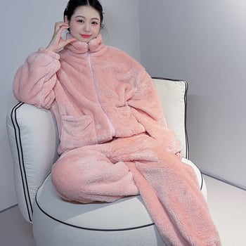 Ženski pidžama set od koralnog flisa, debeli pleteni materijal, stojeći ovratnik, zimска kućna odjeća