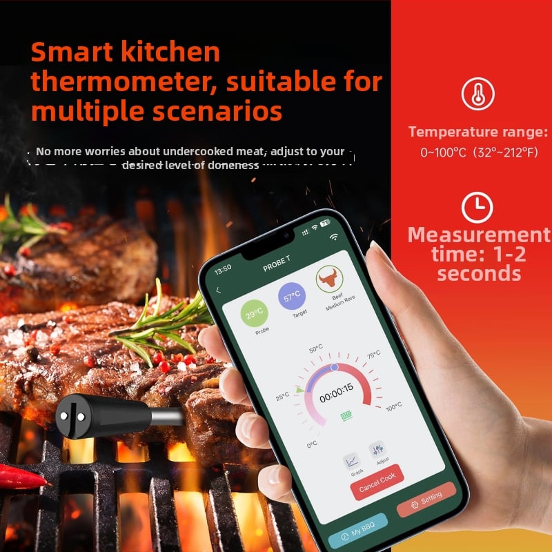 Безжичен Bluetooth термометър за барбекю с мобилно приложение – водоустойчив термометър за месо за фурна, резолюция 1°