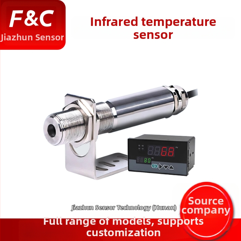 Infračervený teplotný senzor s inline transmiterom — bezdotyková kovová IR sonda; Prostredie 0–60°C; Napájanie: DC24V; Kryt: nerezová oceľ