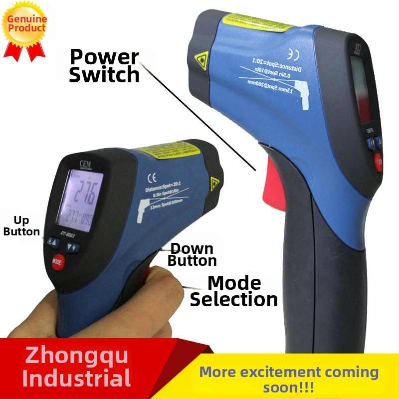 Ručný IR teplomer DT-8830+ s laserom pre priemyselné objekty, napájaný 9V batériou